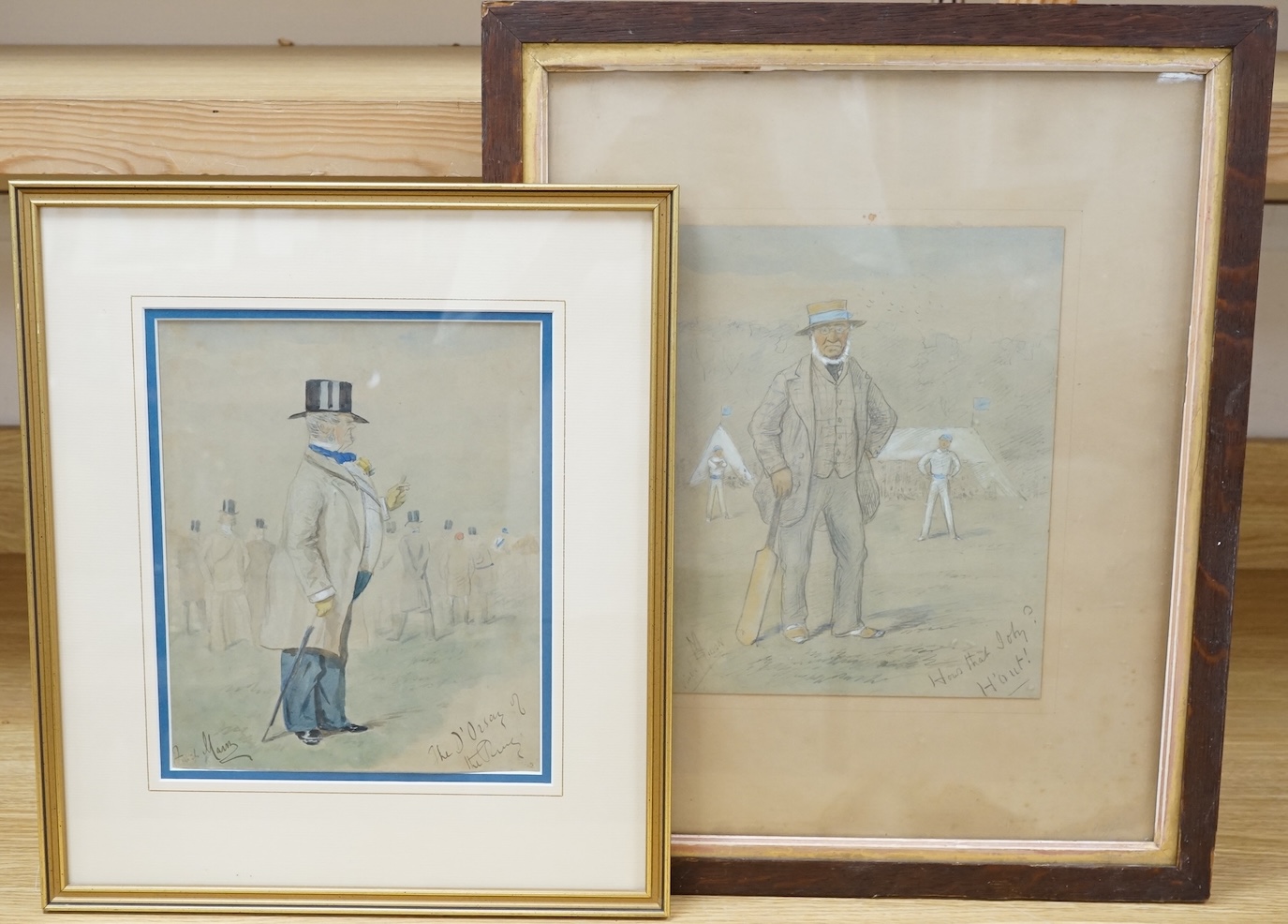 George Finch Mason (1850-1915), ‘How’s that Joby?, H’Out!’, signed and inscribed, cricketing interest watercolour, together with another, largest 28 x 23cm